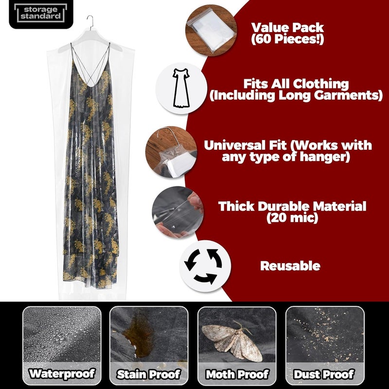 Storage Standard 60-Pack Extra Long Dry Cleaning Bags for Clothes 72-Inch Long - Clear Plastic Garment Bags for Hanging Clothes, Dry Cleaner Plastic Clothing Cover for Suits, Gowns, Coat, Dance Costumes & Long Dresses - Image 2